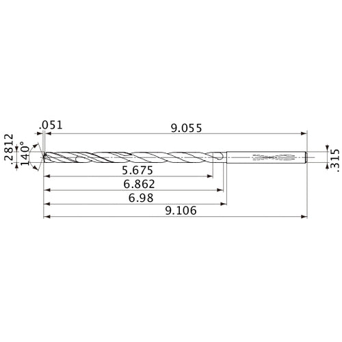 MVS0714X20S080 DP1020 0.2812″ Dia. × 0.315″ Shank × 6.862″ Flute Length × 9.106″ OAL, 140°, 2 Flute, Coolant Thru, Solid Carbide Drill