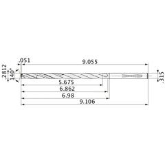 MVS0714X20S080 DP1020 0.2812″ Dia. × 0.315″ Shank × 6.862″ Flute Length × 9.106″ OAL, 140°, 2 Flute, Coolant Thru, Solid Carbide Drill