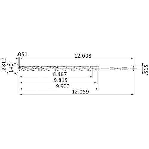 MVS0714X30S080 DP1020 0.2812″ Dia. × 0.315″ Shank × 9.815″ Flute Length × 12.059″ OAL, 140°, 2 Flute, Coolant Thru, Solid Carbide Drill