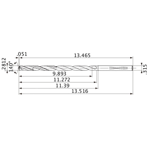 MVS0714X35S080 DP1020 0.2812″ Dia. × 0.315″ Shank × 11.272″ Flute Length × 13.516″ OAL, 140°, 2 Flute, Coolant Thru, Solid Carbide Drill