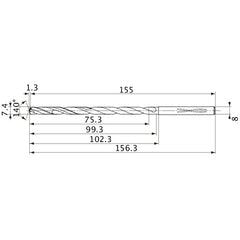 MVS0740X10S080 DP1020 7.4 mm Dia. × 8 mm Shank × 99.3 mm Flute Length × 156.3 mm OAL, 140°, 2 Flute, Coolant Thru, Solid Carbide Drill
