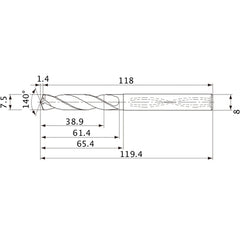 MVS0750X05S080 DP1020 7.5 mm Dia. × 8 mm Shank × 61.4 mm Flute Length × 119.4 mm OAL, 140°, 2 Flute, Coolant Thru, Solid Carbide Drill