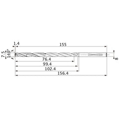 MVS0750X10S080 DP1020 7.5 mm Dia. × 8 mm Shank × 99.4 mm Flute Length × 156.4 mm OAL, 140°, 2 Flute, Coolant Thru, Solid Carbide Drill