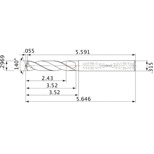 MVS0754X08S080 DP1020 0.2969″ Dia. × 0.315″ Shank × 3.52″ Flute Length × 5.646″ OAL, 140°, 2 Flute, Coolant Thru, Solid Carbide Drill