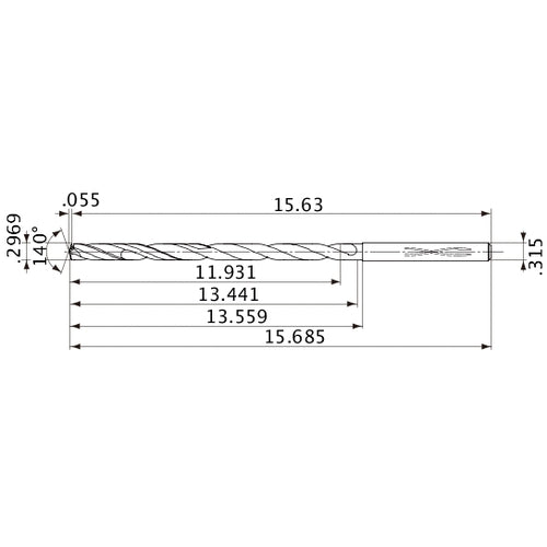 MVS0754X40S080 DP1020 0.2969″ Dia. × 0.315″ Shank × 13.441″ Flute Length × 15.685″ OAL, 140°, 2 Flute, Coolant Thru, Solid Carbide Drill
