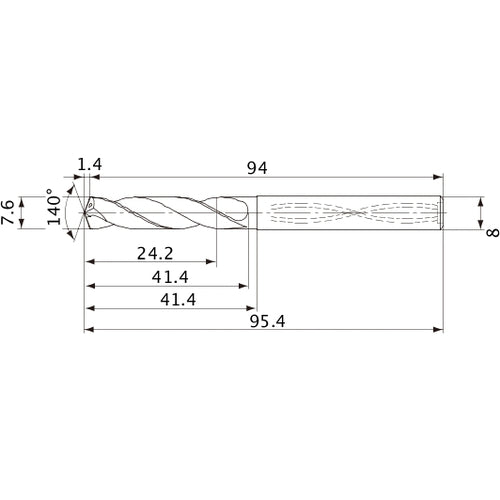 MVS0760X03S080 DP1020 7.6 mm Dia. × 8 mm Shank × 41.4 mm Flute Length × 95.4 mm OAL, 140°, 2 Flute, Coolant Thru, Solid Carbide Drill