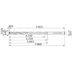 MVS0794X15S080 DP1020 5/16″ Dia. × 0.315″ Shank × 5.724″ Flute Length × 7.969″ OAL, 140°, 2 Flute, Coolant Thru, Solid Carbide Drill