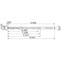 MVS0794X20S080 DP1020 5/16″ Dia. × 0.315″ Shank × 7.299″ Flute Length × 9.543″ OAL, 140°, 2 Flute, Coolant Thru, Solid Carbide Drill