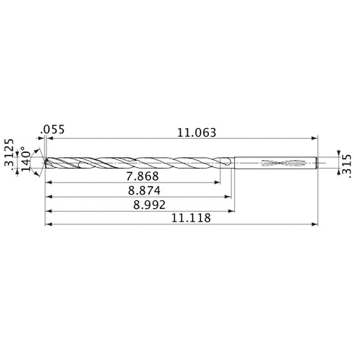 MVS0794X25S080 DP1020 5/16″ Dia. × 0.315″ Shank × 8.874″ Flute Length × 11.118″ OAL, 140°, 2 Flute, Coolant Thru, Solid Carbide Drill