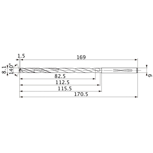MVS0810X10S090 DP1020 8.1 mm Dia. × 9 mm Shank × 112.5 mm Flute Length × 170.5 mm OAL, 140°, 2 Flute, Coolant Thru, Solid Carbide Drill