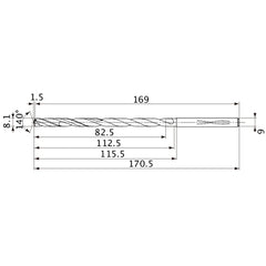 MVS0810X10S090 DP1020 8.1 mm Dia. × 9 mm Shank × 112.5 mm Flute Length × 170.5 mm OAL, 140°, 2 Flute, Coolant Thru, Solid Carbide Drill