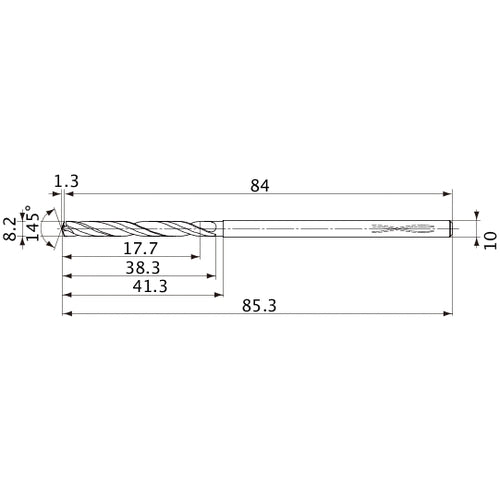 MVS0820X02S100PL DP1020 8.2 mm Dia. × 10 mm Shank × 38.3 mm Flute Length × 85.3 mm OAL, 145°, 2 Flute, Coolant Thru, Solid Carbide Drill