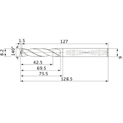 MVS0820X05S090 DP1020 8.2 mm Dia. × 9 mm Shank × 69.5 mm Flute Length × 128.5 mm OAL, 140°, 2 Flute, Coolant Thru, Solid Carbide Drill