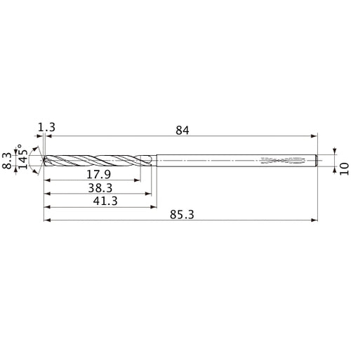 MVS0830X02S100PL DP1020 8.3 mm Dia. × 10 mm Shank × 38.3 mm Flute Length × 85.3 mm OAL, 145°, 2 Flute, Coolant Thru, Solid Carbide Drill