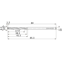 MVS0830X02S100PL DP1020 8.3 mm Dia. × 10 mm Shank × 38.3 mm Flute Length × 85.3 mm OAL, 145°, 2 Flute, Coolant Thru, Solid Carbide Drill