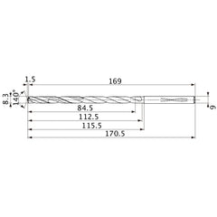 MVS0830X10S090 DP1020 8.3 mm Dia. × 9 mm Shank × 112.5 mm Flute Length × 170.5 mm OAL, 140°, 2 Flute, Coolant Thru, Solid Carbide Drill