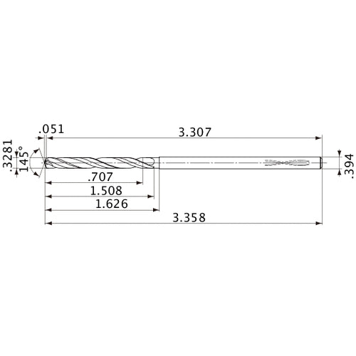 MVS0833X02S100PL DP1020 0.3281″ Dia. × 0.394″ Shank × 1.508″ Flute Length × 3.358″ OAL, 145°, 2 Flute, Coolant Thru, Solid Carbide Drill