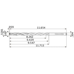 MVS0833X25S100 DP1020 0.3281″ Dia. × 0.394″ Shank × 9.429″ Flute Length × 11.713″ OAL, 140°, 2 Flute, Coolant Thru, Solid Carbide Drill