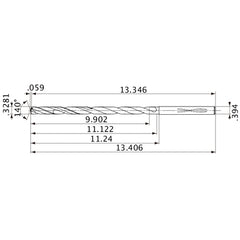 MVS0833X30S100 DP1020 0.3281″ Dia. × 0.394″ Shank × 11.122″ Flute Length × 13.406″ OAL, 140°, 2 Flute, Coolant Thru, Solid Carbide Drill