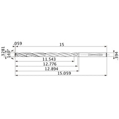 MVS0833X35S100 DP1020 0.3281″ Dia. × 0.394″ Shank × 12.776″ Flute Length × 15.059″ OAL, 140°, 2 Flute, Coolant Thru, Solid Carbide Drill