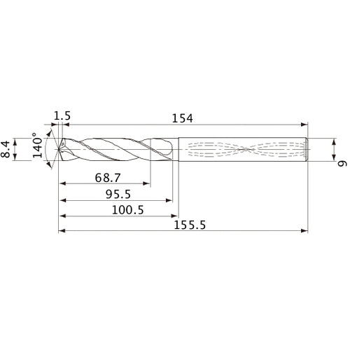 MVS0840X08S090 DP1020 8.4 mm Dia. × 9 mm Shank × 95.5 mm Flute Length × 155.5 mm OAL, 140°, 2 Flute, Coolant Thru, Solid Carbide Drill