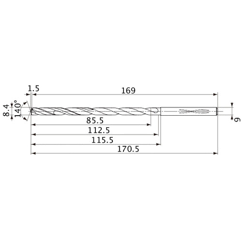 MVS0840X10S090 DP1020 8.4 mm Dia. × 9 mm Shank × 112.5 mm Flute Length × 170.5 mm OAL, 140°, 2 Flute, Coolant Thru, Solid Carbide Drill