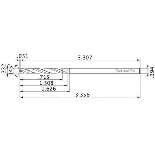 MVS0843X02S100PL DP1020 0.332″ Dia. × 0.394″ Shank × 1.508″ Flute Length × 3.358″ OAL, 145°, 2 Flute, Coolant Thru, Solid Carbide Drill