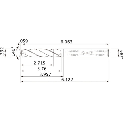 MVS0843X08S100 DP1020 0.332″ Dia. × 0.394″ Shank × 3.76″ Flute Length × 6.122″ OAL, 140°, 2 Flute, Coolant Thru, Solid Carbide Drill