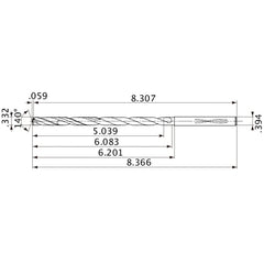 MVS0843X15S100 DP1020 0.332″ Dia. × 0.394″ Shank × 6.083″ Flute Length × 8.366″ OAL, 140°, 2 Flute, Coolant Thru, Solid Carbide Drill