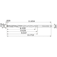 MVS0843X25S100 DP1020 0.332″ Dia. × 0.394″ Shank × 9.429″ Flute Length × 11.713″ OAL, 140°, 2 Flute, Coolant Thru, Solid Carbide Drill