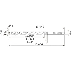 MVS0843X30S100 DP1020 0.332″ Dia. × 0.394″ Shank × 11.122″ Flute Length × 13.406″ OAL, 140°, 2 Flute, Coolant Thru, Solid Carbide Drill