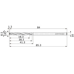 MVS0850X02S100PL DP1020 8.5 mm Dia. × 10 mm Shank × 38.3 mm Flute Length × 85.3 mm OAL, 145°, 2 Flute, Coolant Thru, Solid Carbide Drill