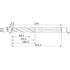 MVS0850X08S090 DP1020 8.5 mm Dia. × 9 mm Shank × 95.5 mm Flute Length × 155.5 mm OAL, 140°, 2 Flute, Coolant Thru, Solid Carbide Drill