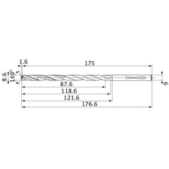 MVS0860X10S090 DP1020 8.6 mm Dia. × 9 mm Shank × 118.6 mm Flute Length × 176.6 mm OAL, 140°, 2 Flute, Coolant Thru, Solid Carbide Drill