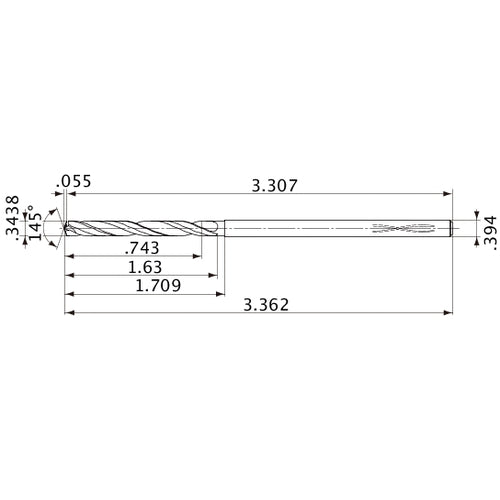 MVS0873X02S100PL DP1020 0.3438″ Dia. × 0.394″ Shank × 1.63″ Flute Length × 3.362″ OAL, 145°, 2 Flute, Coolant Thru, Solid Carbide Drill