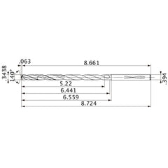 MVS0873X15S100 DP1020 0.3438″ Dia. × 0.394″ Shank × 6.441″ Flute Length × 8.724″ OAL, 140°, 2 Flute, Coolant Thru, Solid Carbide Drill