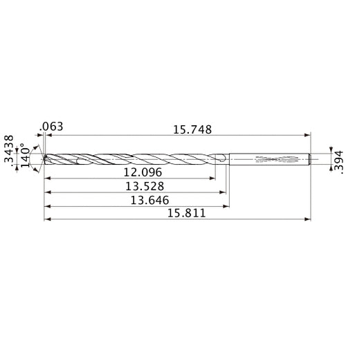 MVS0873X35S100 DP1020 0.3438″ Dia. × 0.394″ Shank × 13.528″ Flute Length × 15.811″ OAL, 140°, 2 Flute, Coolant Thru, Solid Carbide Drill