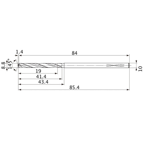 MVS0880X02S100PL DP1020 8.8 mm Dia. × 10 mm Shank × 41.4 mm Flute Length × 85.4 mm OAL, 145°, 2 Flute, Coolant Thru, Solid Carbide Drill