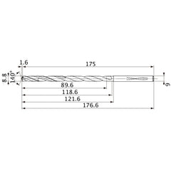 MVS0880X10S090 DP1020 8.8 mm Dia. × 9 mm Shank × 118.6 mm Flute Length × 176.6 mm OAL, 140°, 2 Flute, Coolant Thru, Solid Carbide Drill