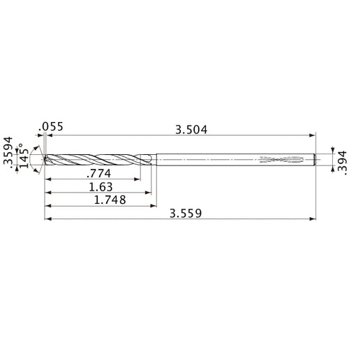 MVS0913X02S100PL DP1020 0.3594″ Dia. × 0.394″ Shank × 1.63″ Flute Length × 3.559″ OAL, 145°, 2 Flute, Coolant Thru, Solid Carbide Drill
