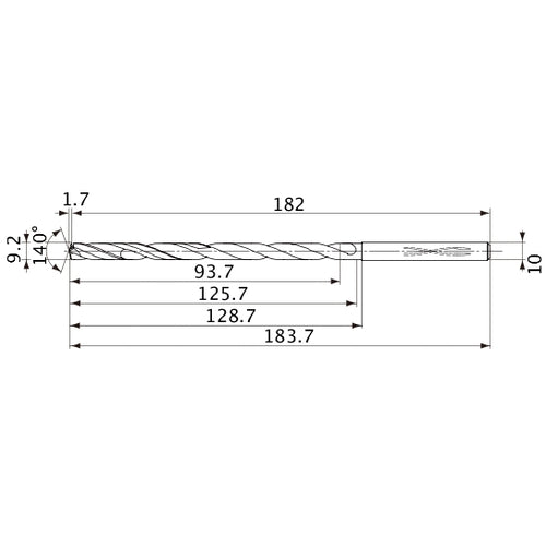 MVS0920X10S100 DP1020 9.2 mm Dia. × 10 mm Shank × 125.7 mm Flute Length × 183.7 mm OAL, 140°, 2 Flute, Coolant Thru, Solid Carbide Drill