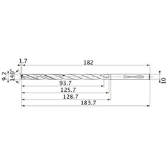 MVS0920X10S100 DP1020 9.2 mm Dia. × 10 mm Shank × 125.7 mm Flute Length × 183.7 mm OAL, 140°, 2 Flute, Coolant Thru, Solid Carbide Drill