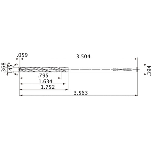 MVS0935X02S100PL DP1020 0.368″ Dia. × 0.394″ Shank × 1.634″ Flute Length × 3.563″ OAL, 145°, 2 Flute, Coolant Thru, Solid Carbide Drill