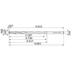 MVS0935X15S100 DP1020 0.368″ Dia. × 0.394″ Shank × 6.799″ Flute Length × 9.083″ OAL, 140°, 2 Flute, Coolant Thru, Solid Carbide Drill