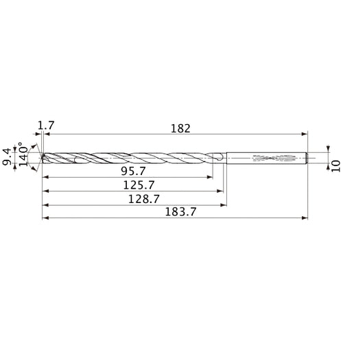 MVS0940X10S100 DP1020 9.4 mm Dia. × 10 mm Shank × 125.7 mm Flute Length × 183.7 mm OAL, 140°, 2 Flute, Coolant Thru, Solid Carbide Drill