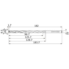 MVS0950X10S100 DP1020 9.5 mm Dia. × 10 mm Shank × 125.7 mm Flute Length × 183.7 mm OAL, 140°, 2 Flute, Coolant Thru, Solid Carbide Drill