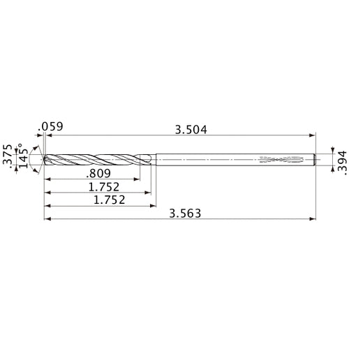MVS0953X02S100PL DP1020 3/8″ Dia. × 0.394″ Shank × 1.752″ Flute Length × 3.563″ OAL, 145°, 2 Flute, Coolant Thru, Solid Carbide Drill