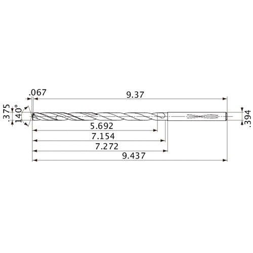 MVS0953X15S100 DP1020 3/8″ Dia. × 0.394″ Shank × 7.154″ Flute Length × 9.437″ OAL, 140°, 2 Flute, Coolant Thru, Solid Carbide Drill