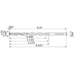 MVS0953X15S100 DP1020 3/8″ Dia. × 0.394″ Shank × 7.154″ Flute Length × 9.437″ OAL, 140°, 2 Flute, Coolant Thru, Solid Carbide Drill