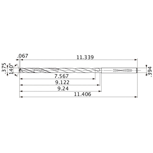 MVS0953X20S100 DP1020 3/8″ Dia. × 0.394″ Shank × 9.122″ Flute Length × 11.406″ OAL, 140°, 2 Flute, Coolant Thru, Solid Carbide Drill